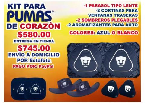 KIT DE PARASOL PARA AUTO Y AROMATIZANTES PARA AUTO Y SOMBREROS PARA EL ESTADIO DE LOS PUMAS